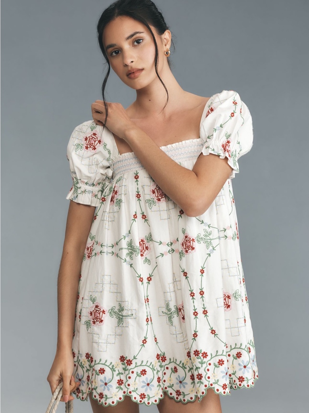 Ivory Embroidered Floral Smocked Mini Dress